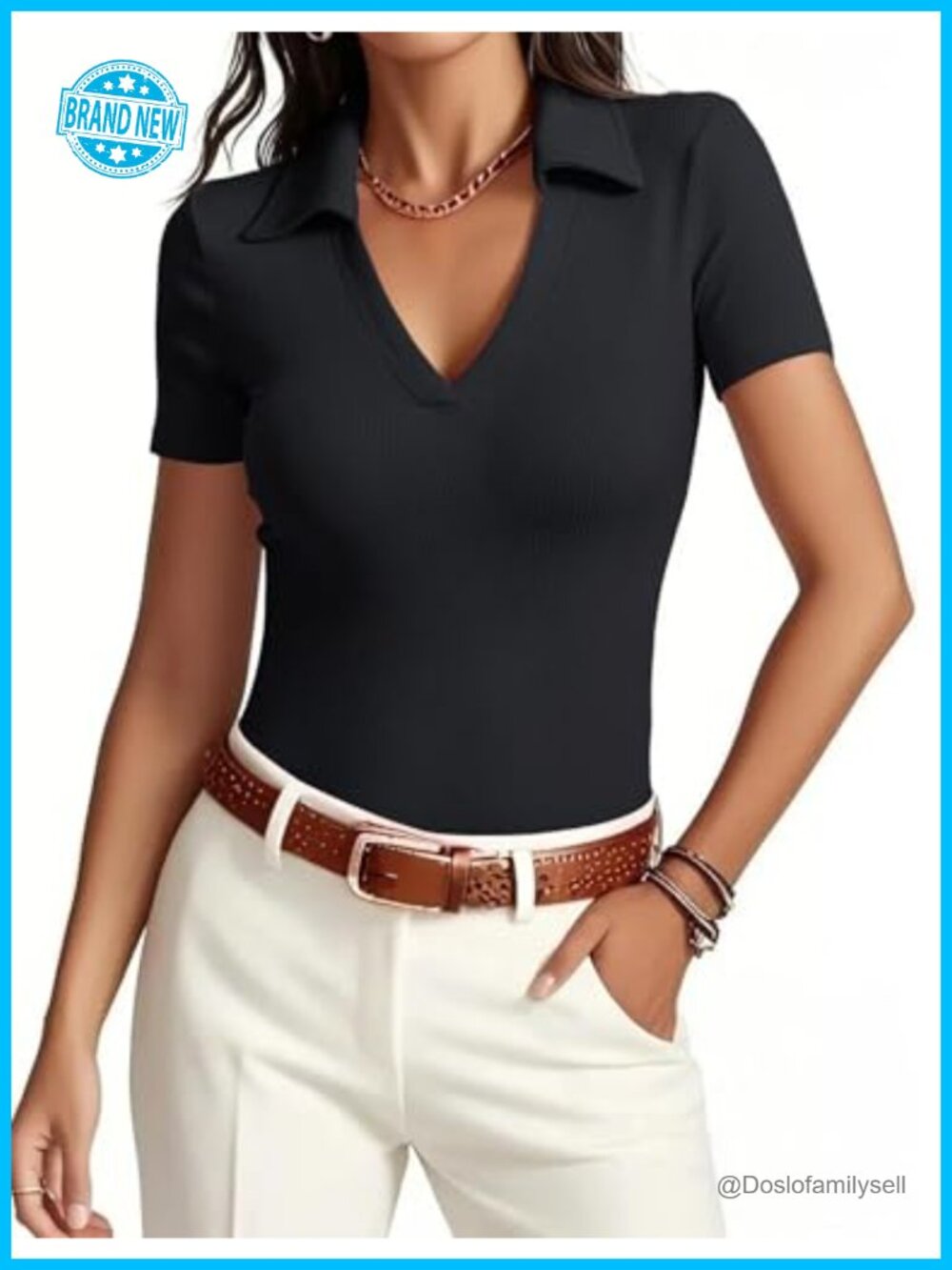 Women's Short Sleeve V-Neck Fitted Business Polo Shirt